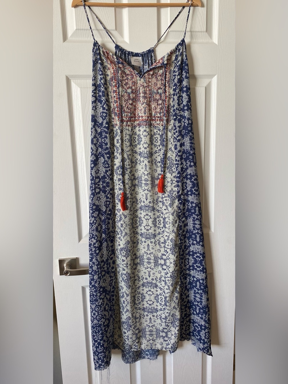 Knox Rose Boho Navy, Ivory & Red Tassel embroidered Maxi dress Size M